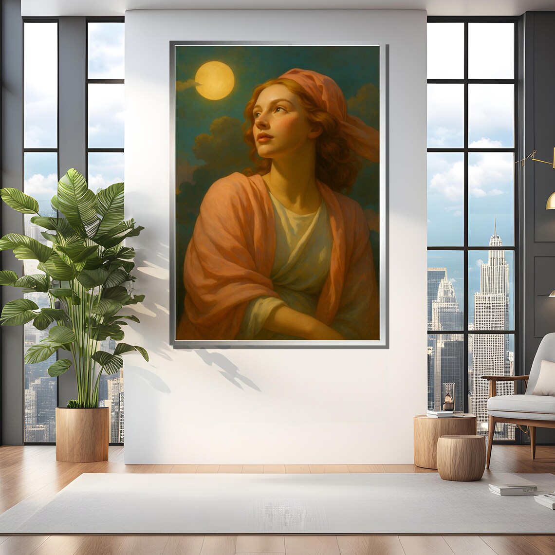 Romantic Woman Under Moonlight in Pink Headscarf Painting Poster - Image 4