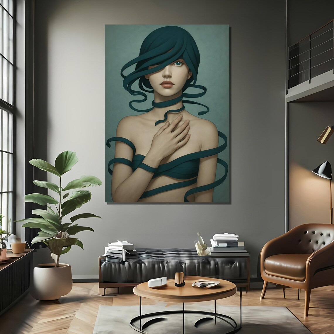 Mysterious Woman Wrapped in Teal Ribbons Surreal Portrait Poster - Image 2
