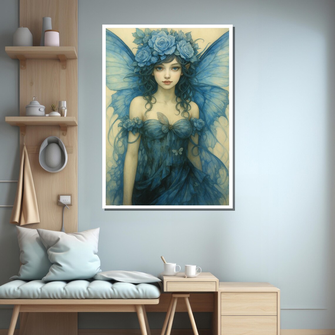 Blue Fairy Girl With Roses And Wings Art Print - Image 3