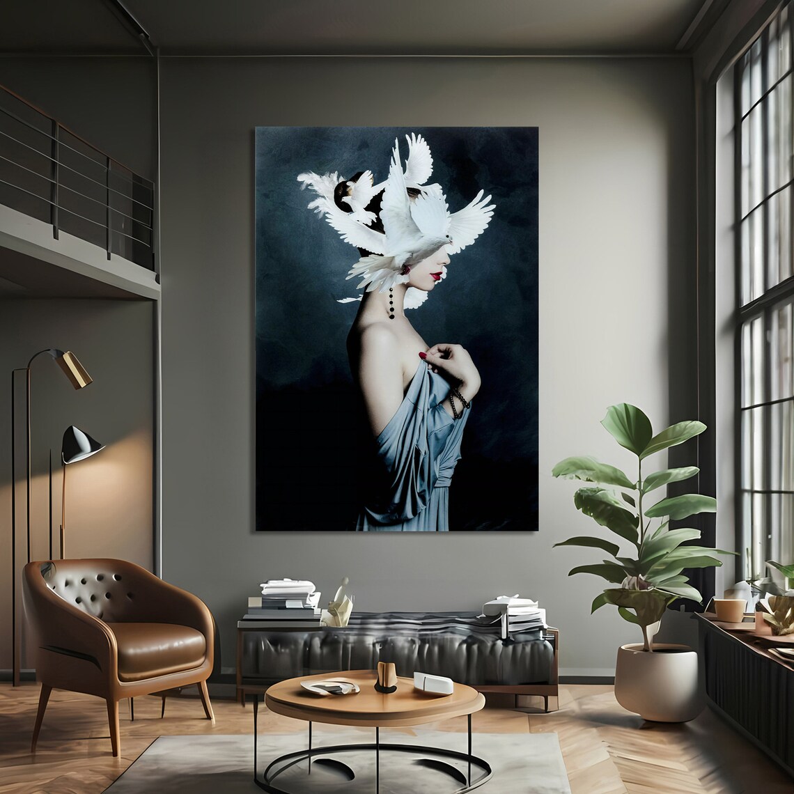 Elegant Woman With White Birds, Timeless Decor - Image 3