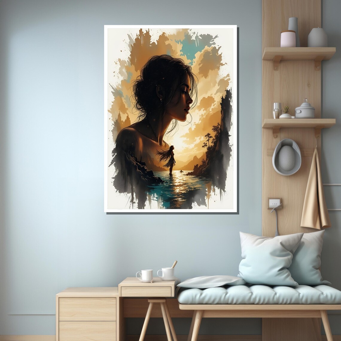 Double Exposure Woman with Sunset Seascape Silhouette Art Poster - Image 3