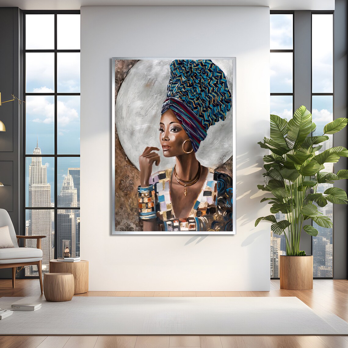African Woman Portrait, Geometric Ethnic Art - Image 2
