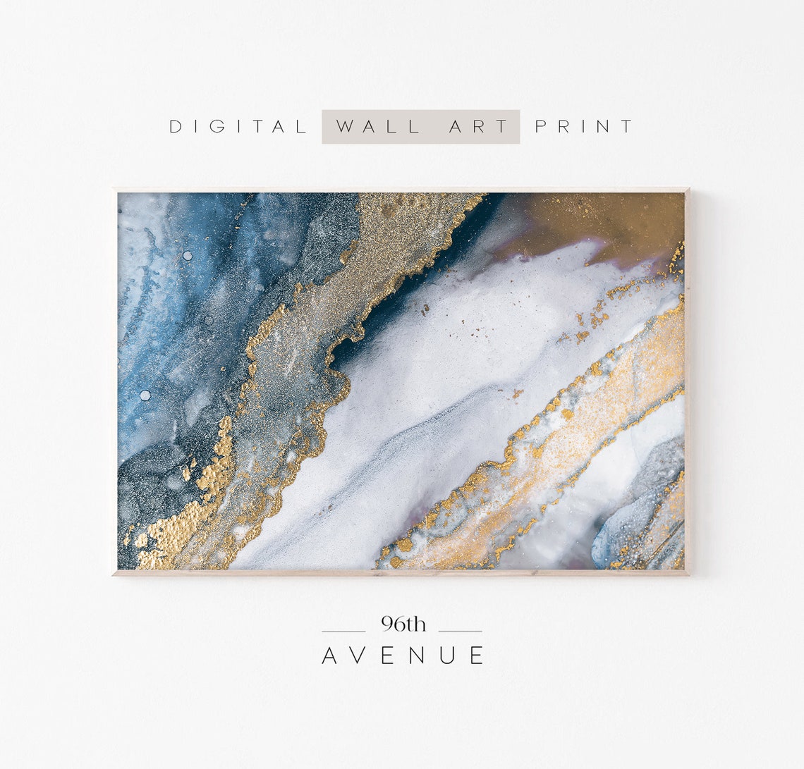 Blue and Gold Marble Abstract Swirl Luxury Modern Art Poster