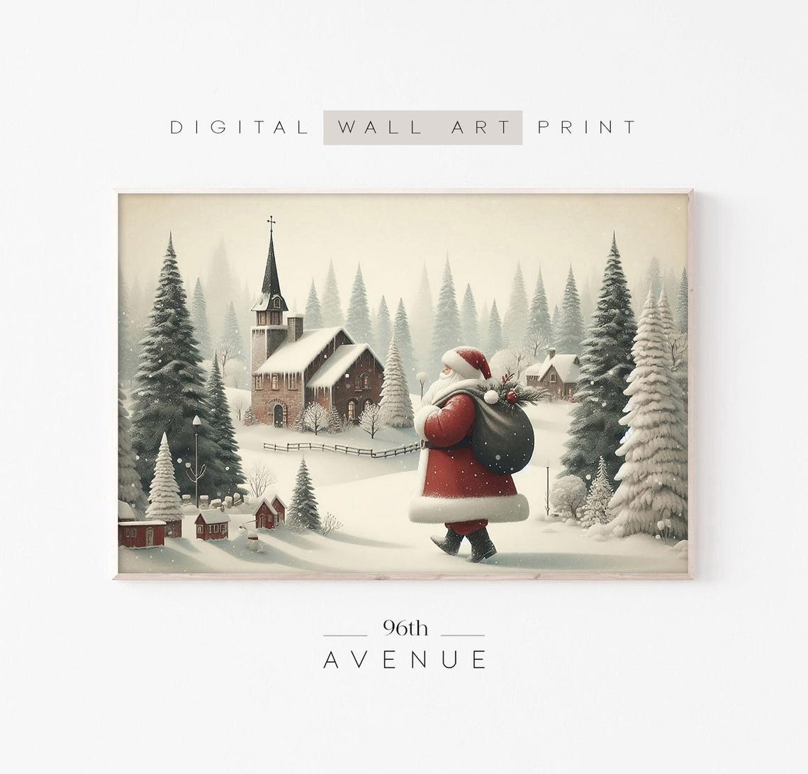 Santa Claus Walking through a Snowy Village with Church Holiday Poster