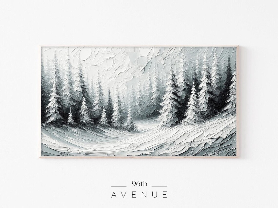 Snowy Pine Forest Impasto Oil Painting Winter Woodland Wall Art