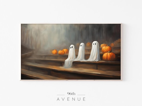 Three Cute Ghosts With Pumpkins Spooky Halloween Gathering Wall Art