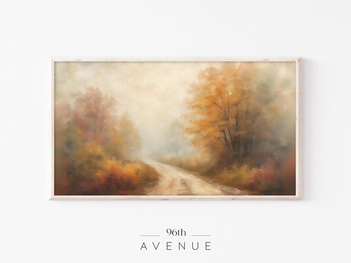 Golden Autumn Country Road Misty Fall Landscape Painting Poster
