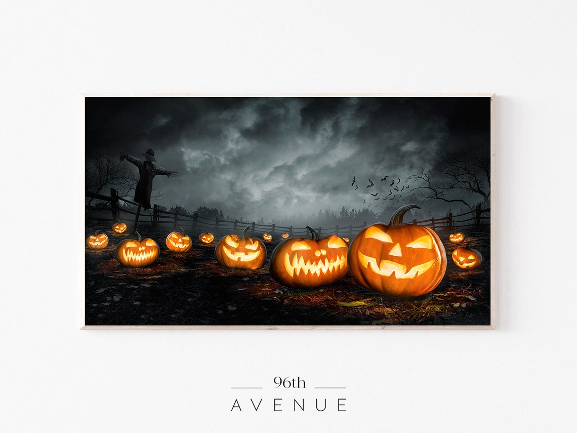 Glowing Jack O Lanterns Scarecrow Dark Field Halloween Poster