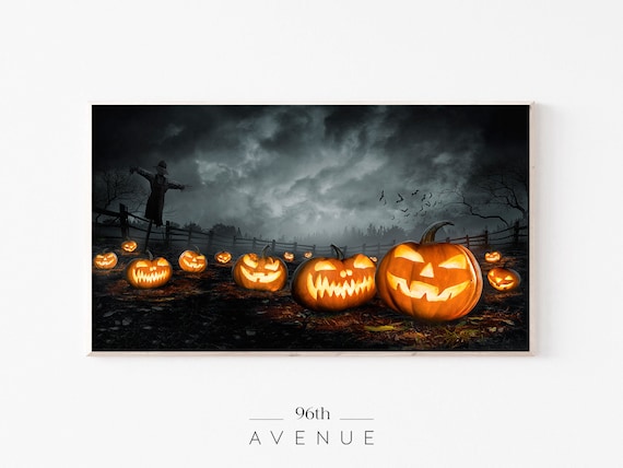 Glowing Jack O Lanterns Scarecrow Dark Field Halloween Poster