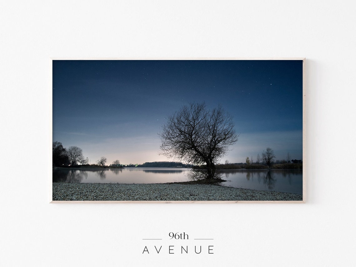 Lone Tree Night Lake Starry Sky Minimal Blue Twilight Poster