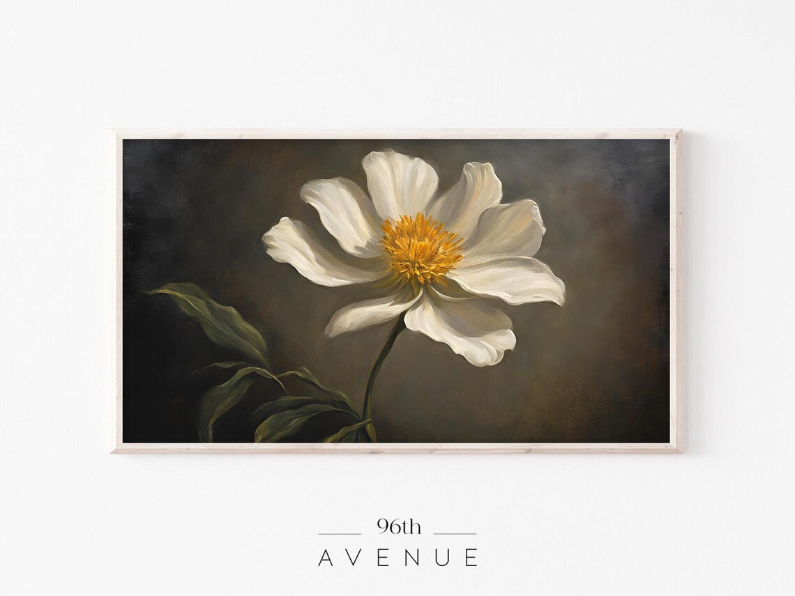 Dramatic Dark Moody White Peony Golden Center Floral Art Poster