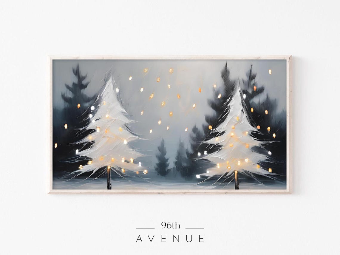 Two White Christmas Trees With Glowing Lights Winter Night Print