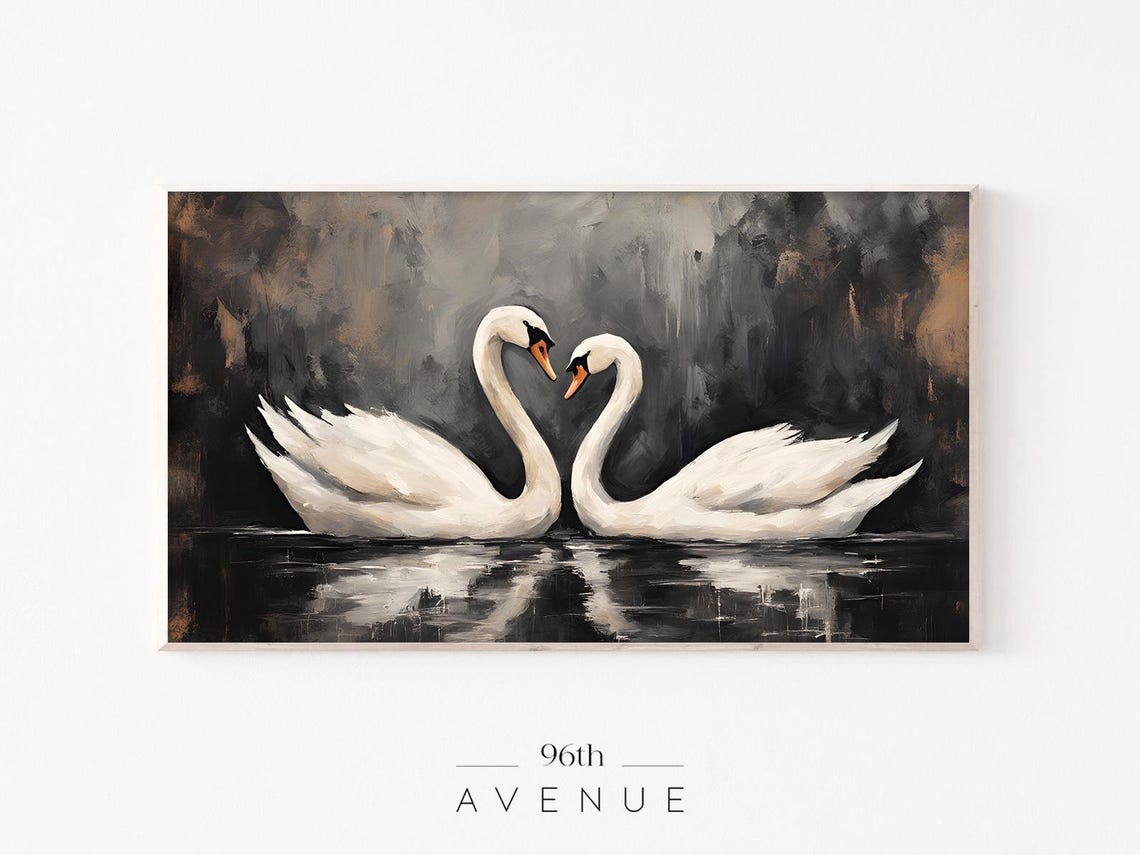 Two White Swans On Dark Lake Romantic Swan Pair Painting Wall Art