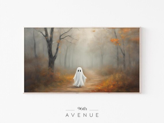 Tiny Ghost On Foggy Autumn Forest Path Cute Halloween Painting Wall Art