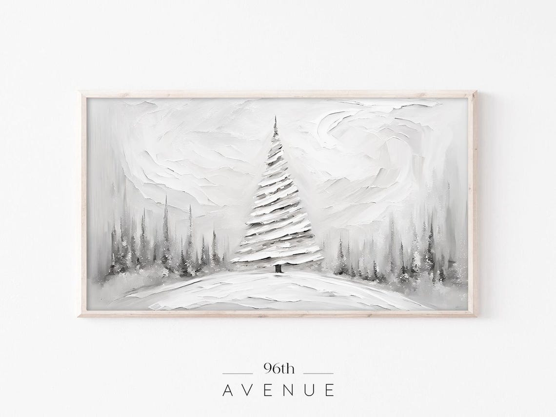 White Snowy Christmas Tree Thick Textured Impasto Painting Poster