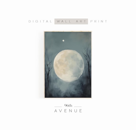 Giant Full Moon Over Dark Forest Moody Night Sky Painting Wall Art