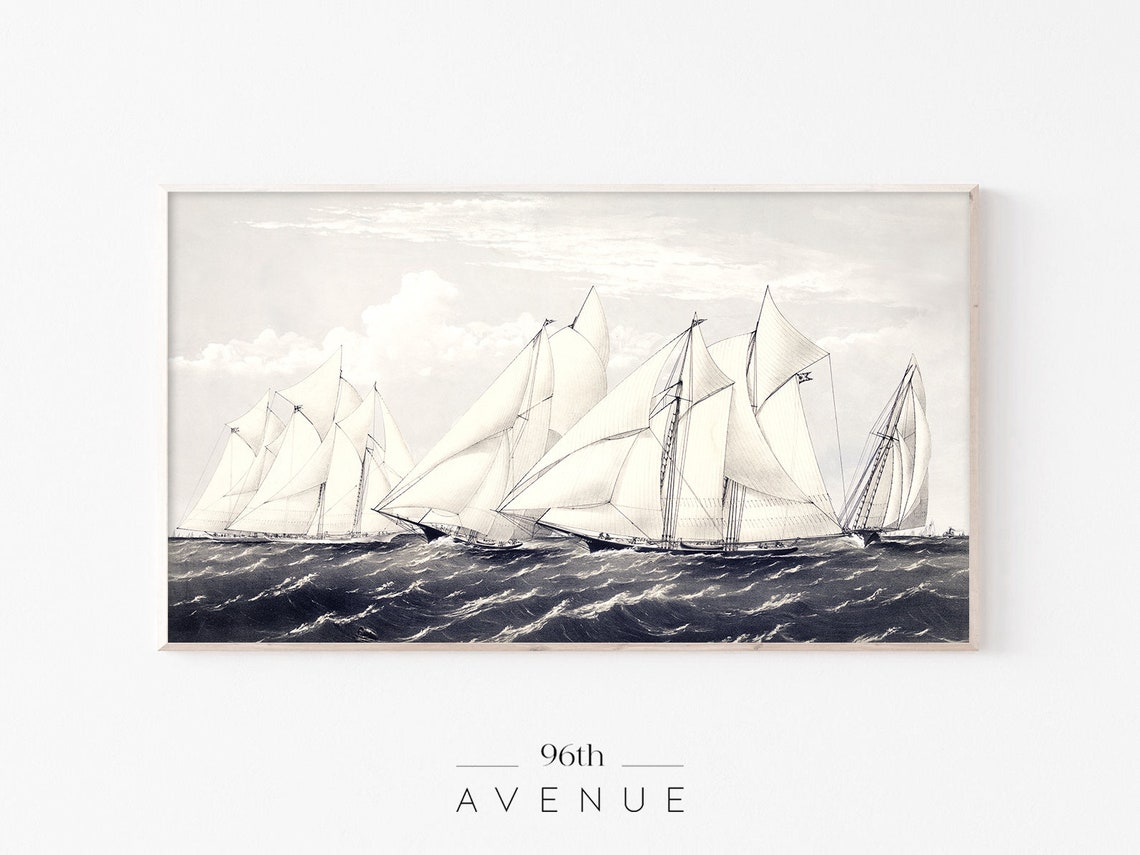 Vintage Sailing Ships Racing Engraving Tall Ships Ocean Poster
