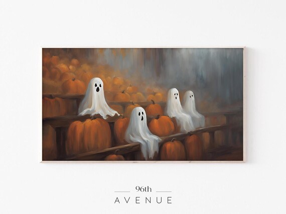 Cute Ghosts Among Orange Pumpkins Cozy Halloween Painting Wall Art