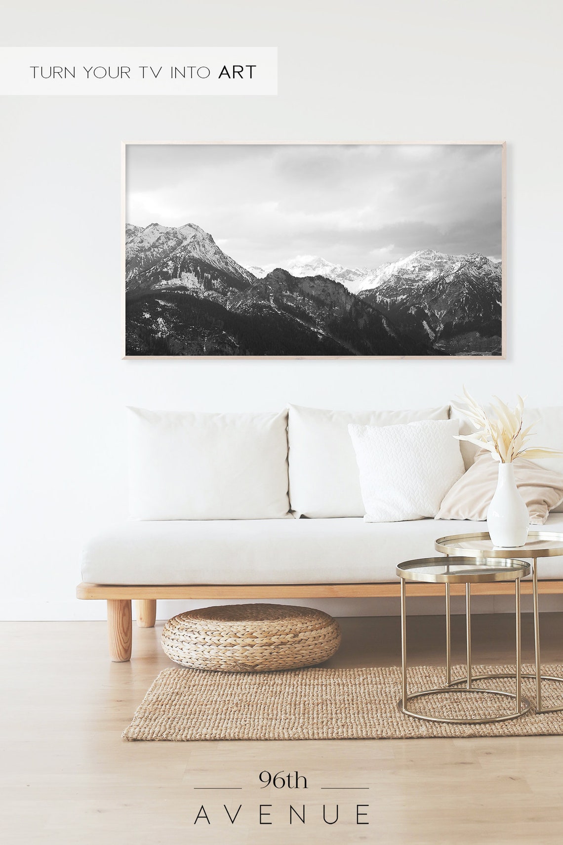 Snowy Mountain Peaks Black and White Minimalist Landscape Poster - Image 2