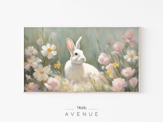 Easter Bunny Floral Frame Tv Art Cute Bunny In Flower Meadow Spring Oil Painting For Tv Art For Tv 1110tv
