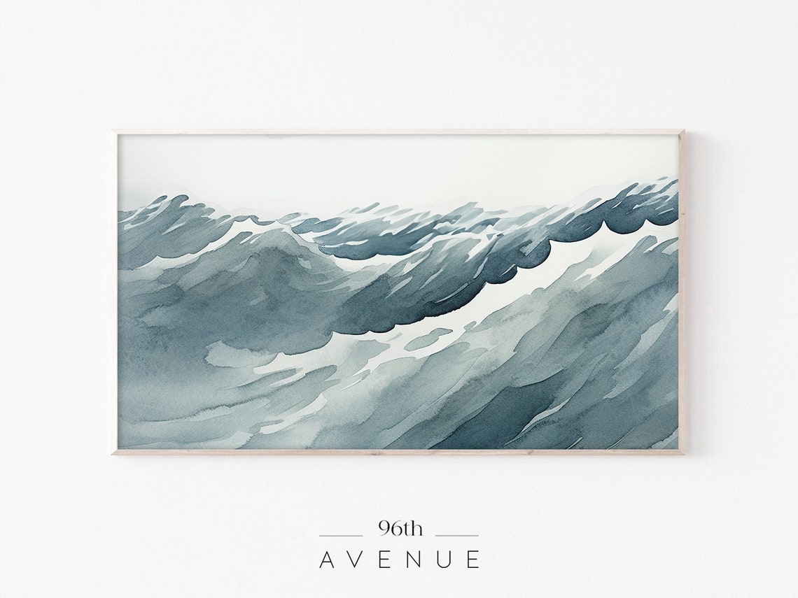 Watercolor Ocean Waves In Soft Blue Tones Minimal Seascape Poster