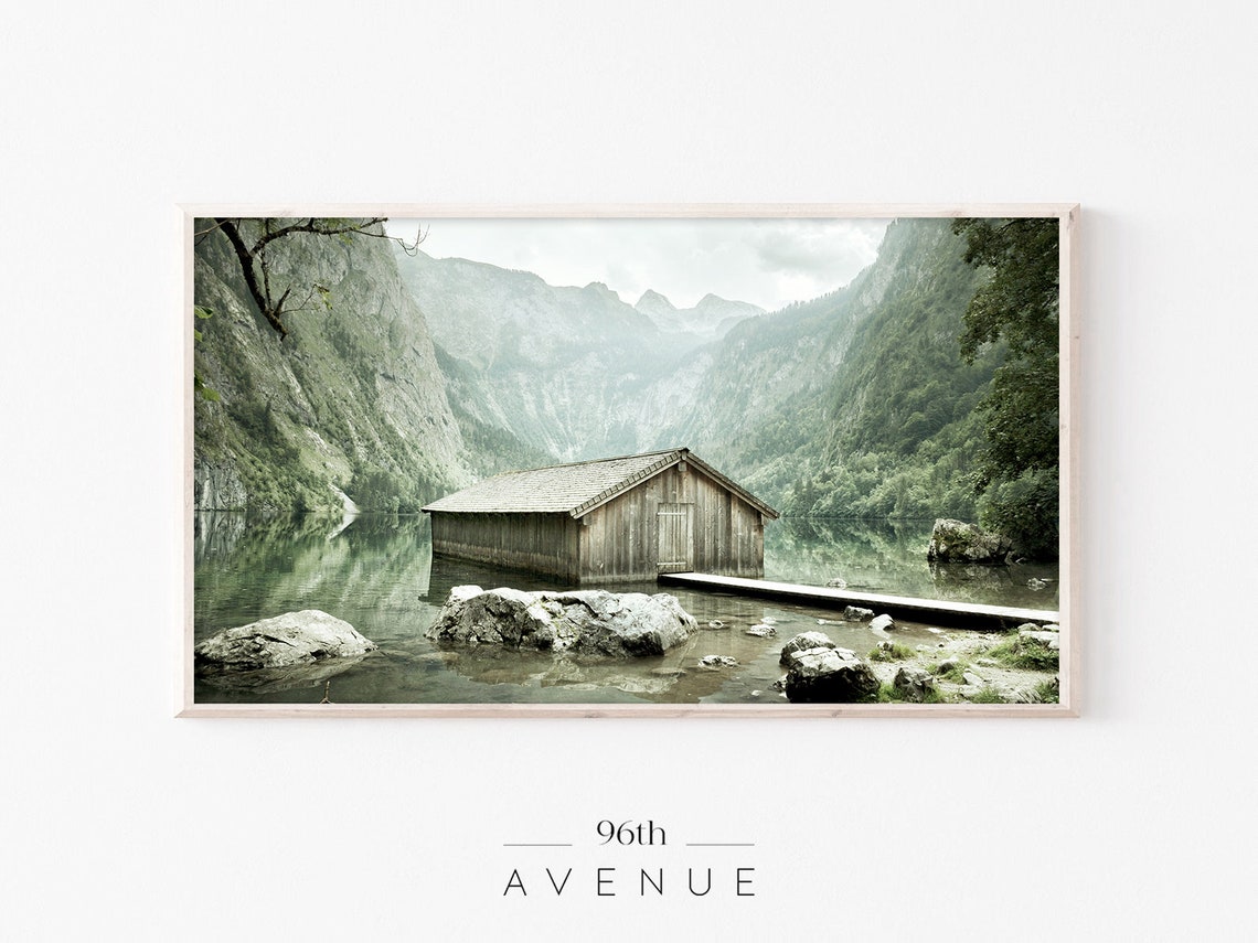 Wooden Boathouse on a Calm Alpine Lake Mountain View Art Poster
