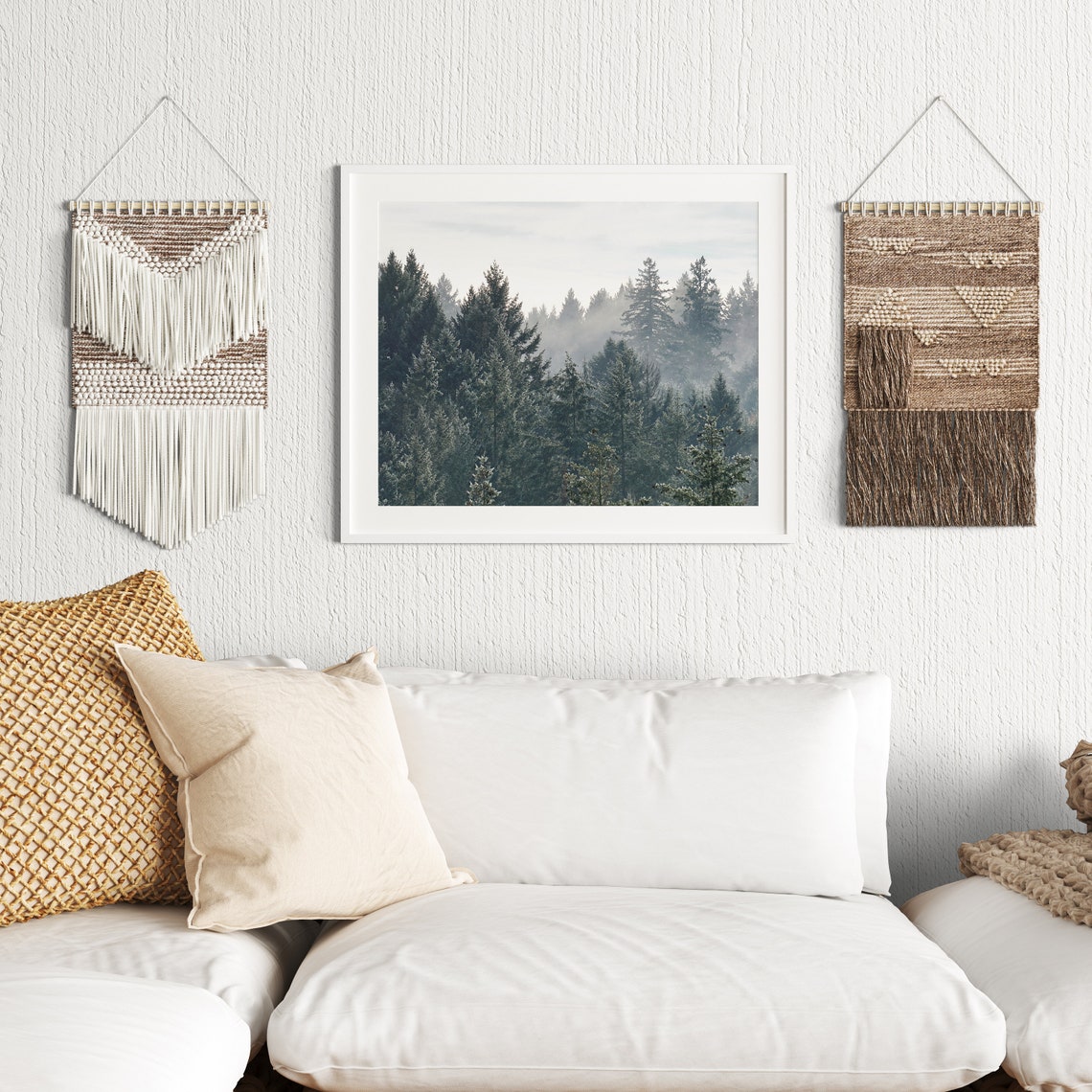Frosty Evergreen Treetops in Light Morning Fog Serene Photo Poster - Image 2