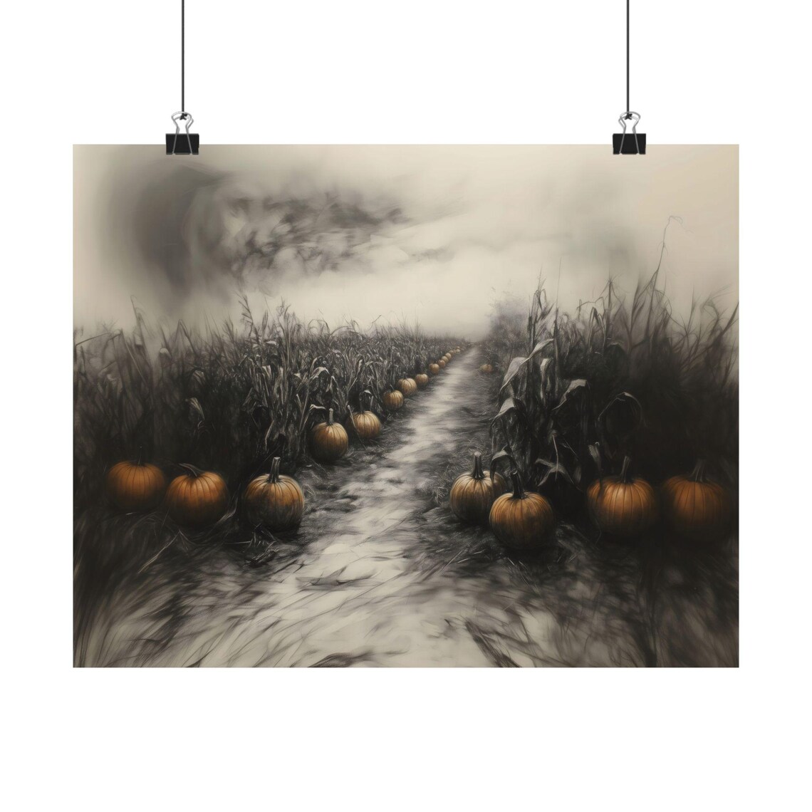 Haunted Pumpkin Patch Path in Charcoal Dark Autumn Halloween Art Poster