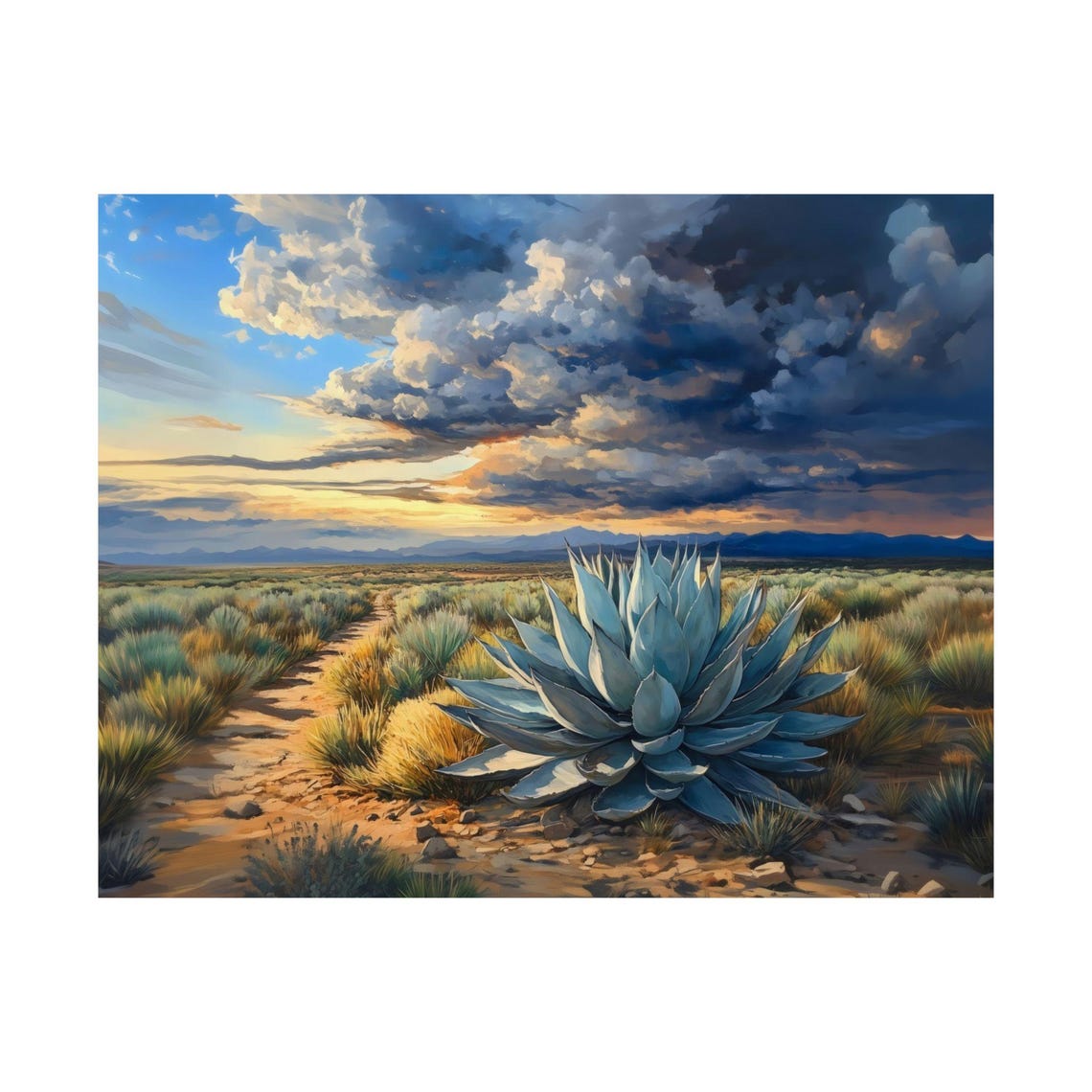 Wild Blue Agave Desert Trail Under Dramatic Sunset Clouds Poster - Image 3