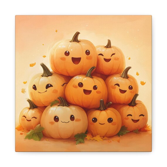 Smiling Pumpkin Pile Kawaii Fall Friends Cute Halloween Poster