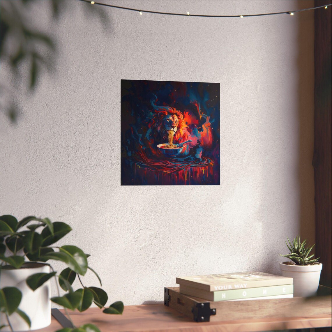 Majestic Lion Eating Ramen in Dark Fiery Abstract Art Poster - Image 2