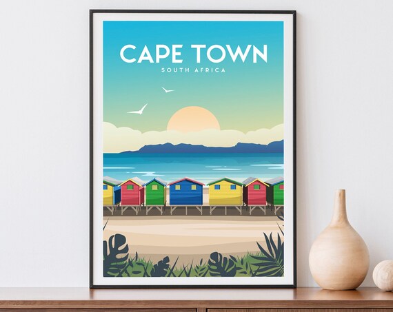 Cape Town Print South Africa Wall Art Muizenberg Beach Huts Sunset Travel Poster Coastal African Wall Decor
