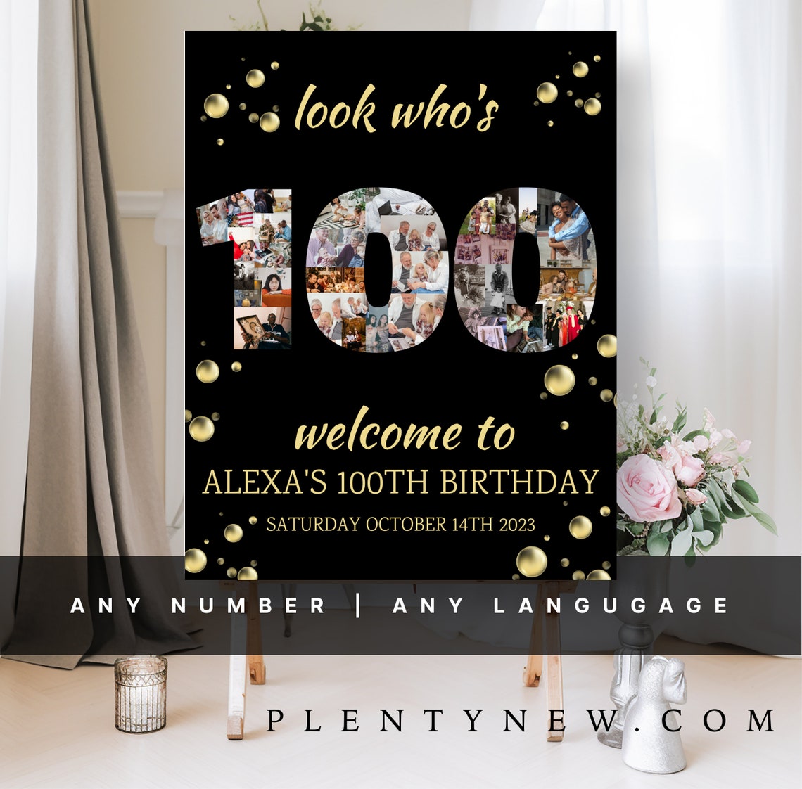 Black and Gold Look Whos 100 Number Photo Collage Birthday Poster