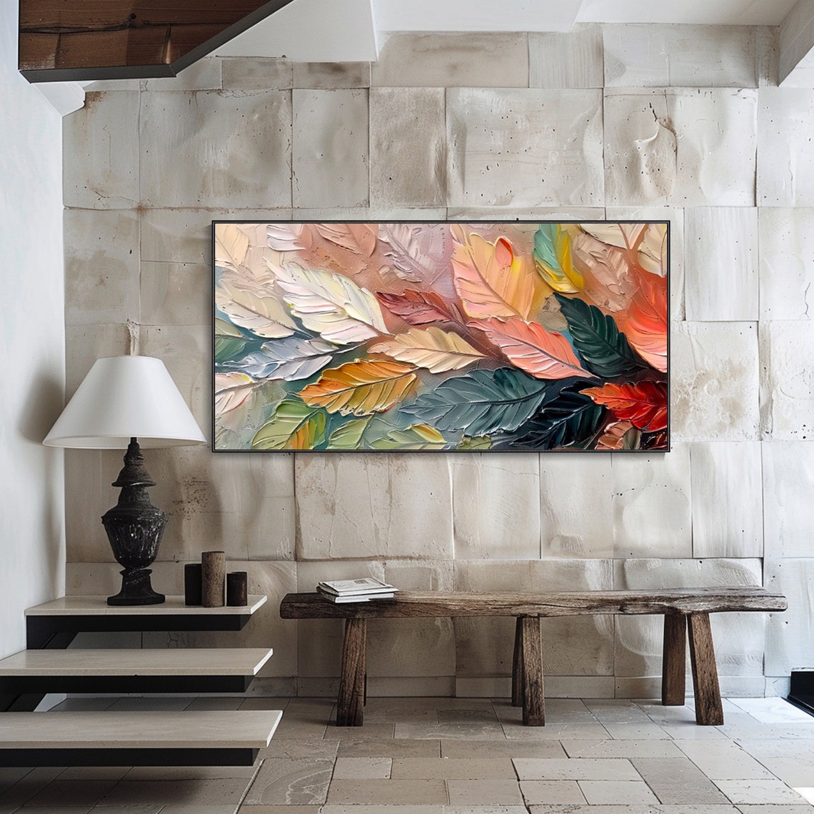 Autumn Leaves Close Up Multicolor Foliage Textured Oil Wall Art - Image 3
