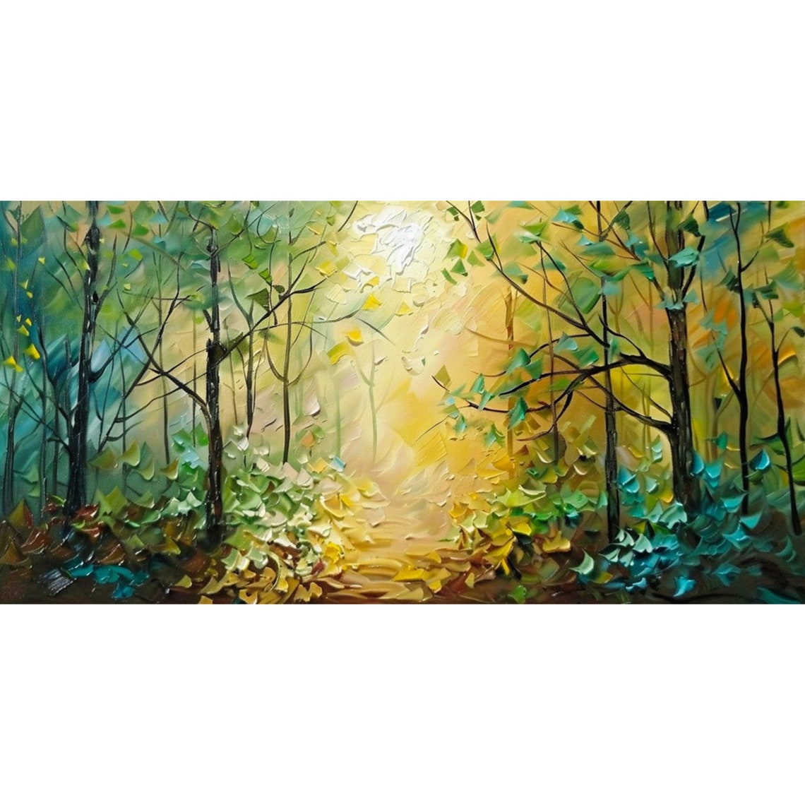 Golden Forest Path Sunlit Trees Textured Oil Painting Wall Art - Image 3