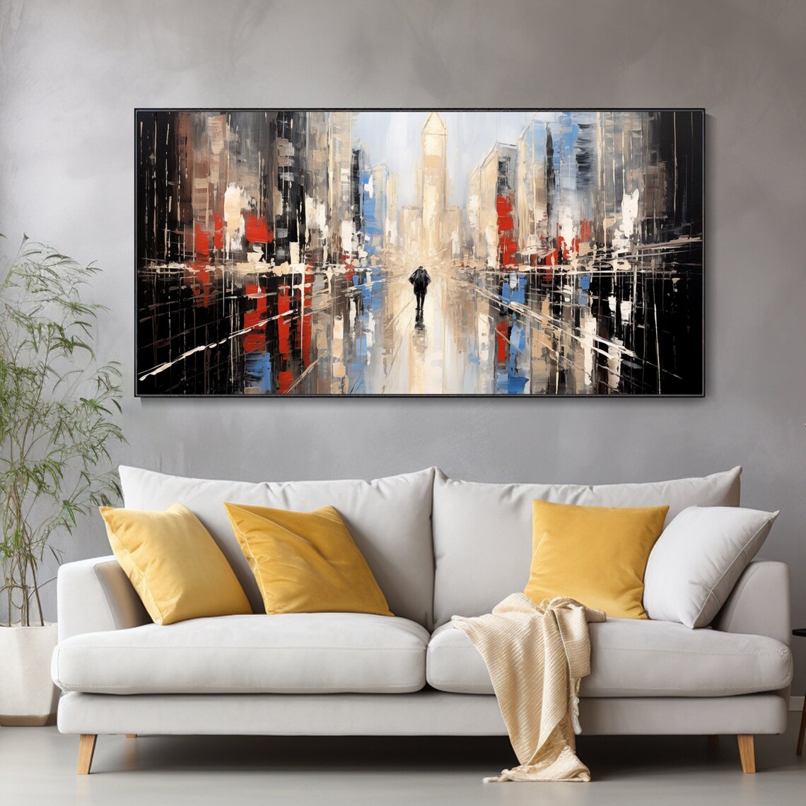 Rainy City Street Lone Figure Umbrella Moody Abstract Urban Wall Art - Image 3