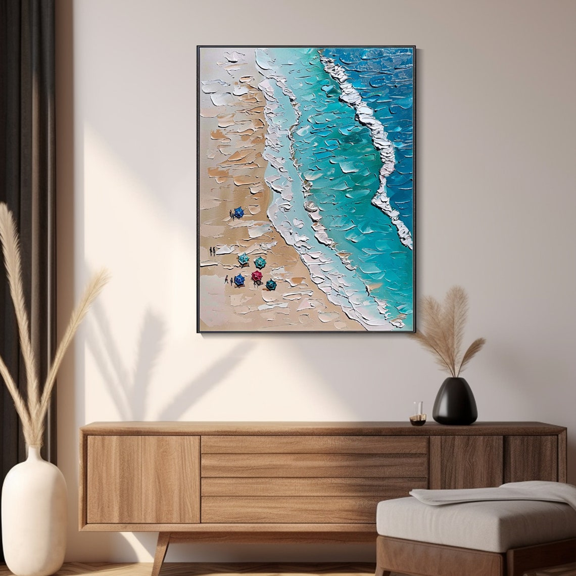 Aerial Beach Umbrellas Turquoise Waves Textured Impasto Wall Art - Image 3