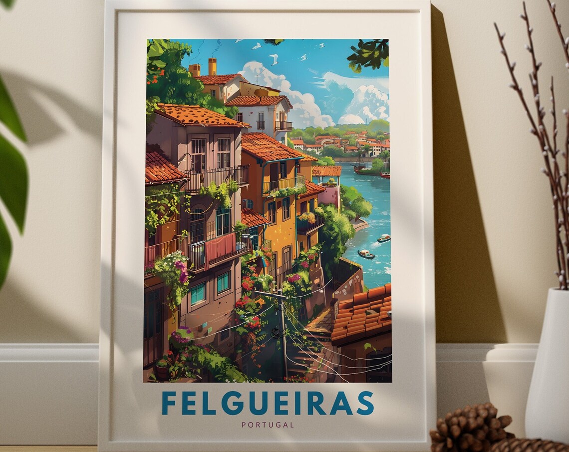 Sunlit Felgueiras Portugal Hillside Coastal Town Travel Art Poster