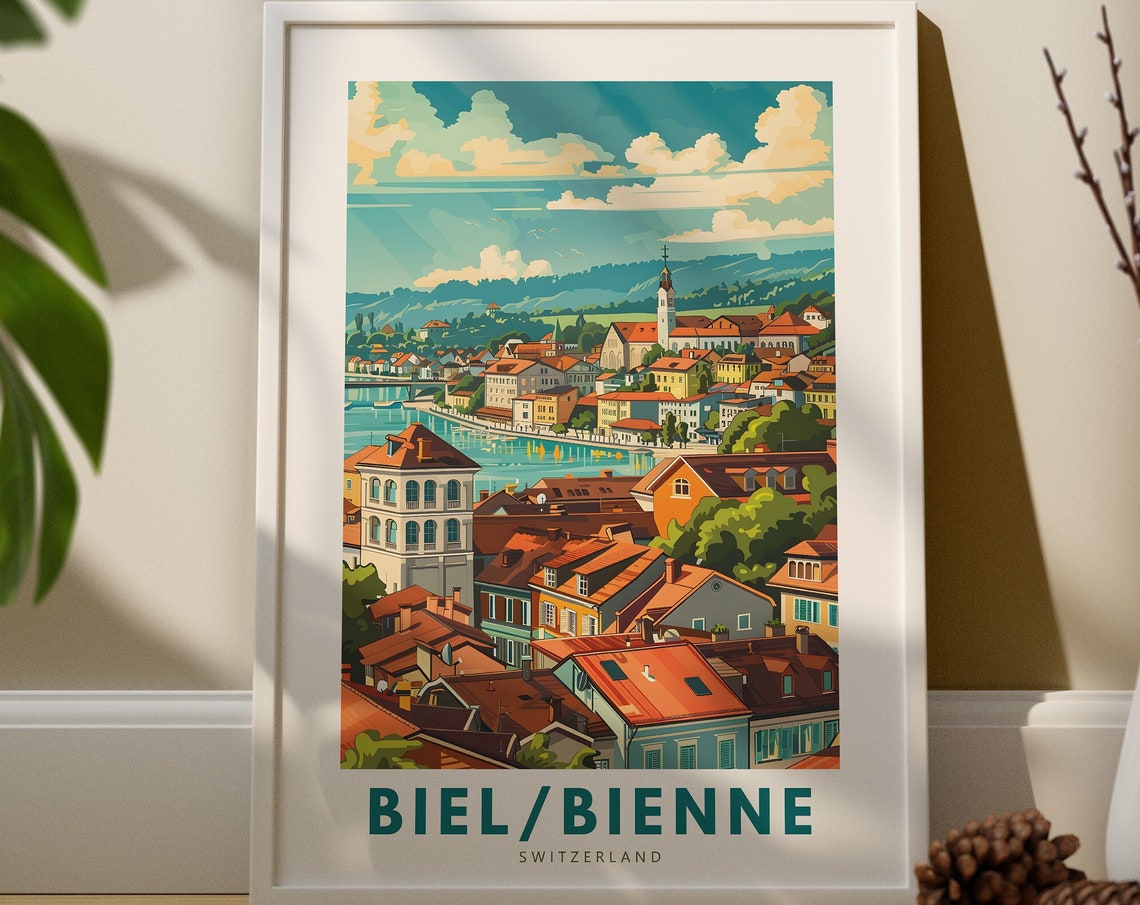 Biel Bienne Switzerland Vintage Lakeside Town Travel Art Poster