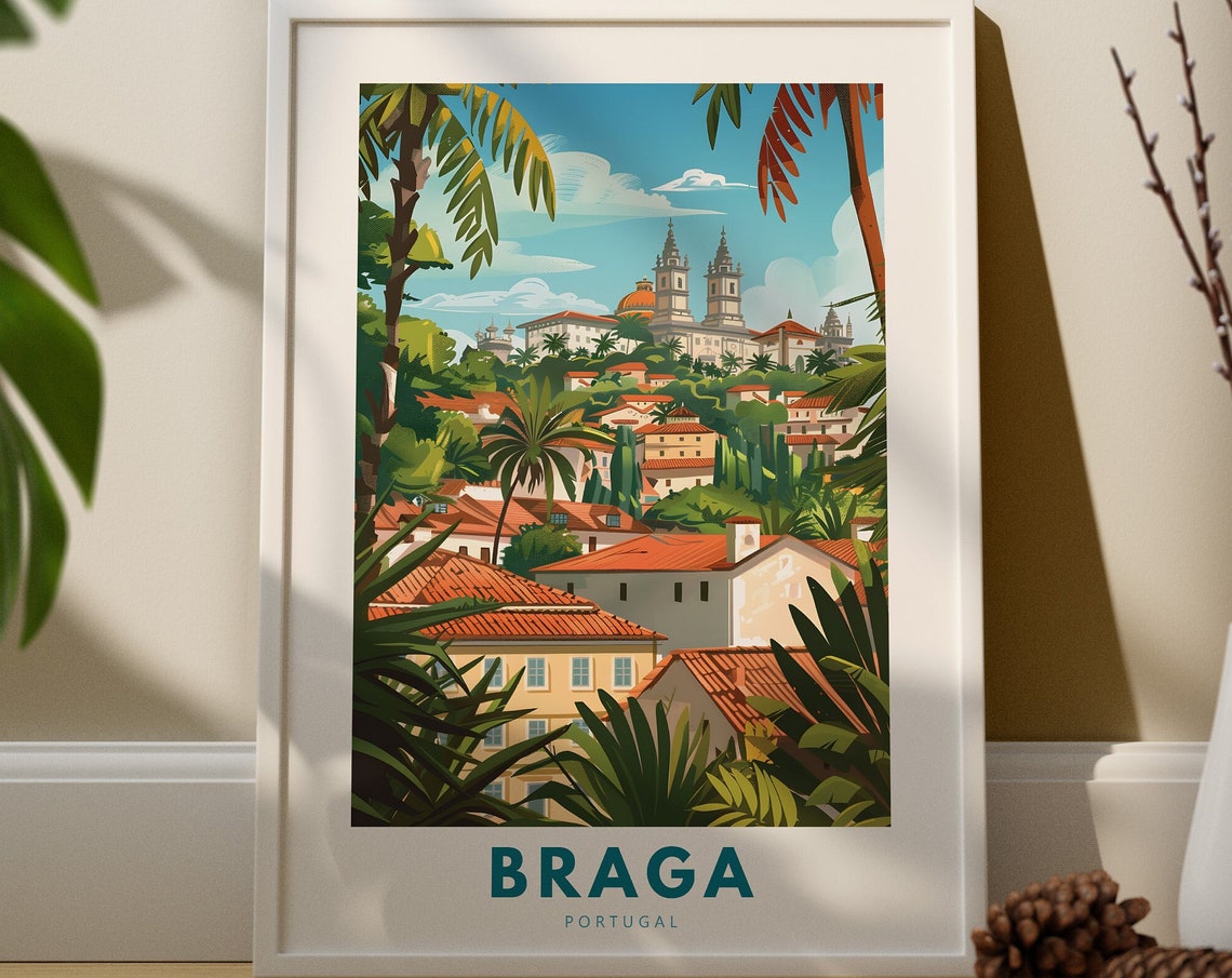 Braga Portugal Palm Trees Hillside Cathedral City Travel Poster