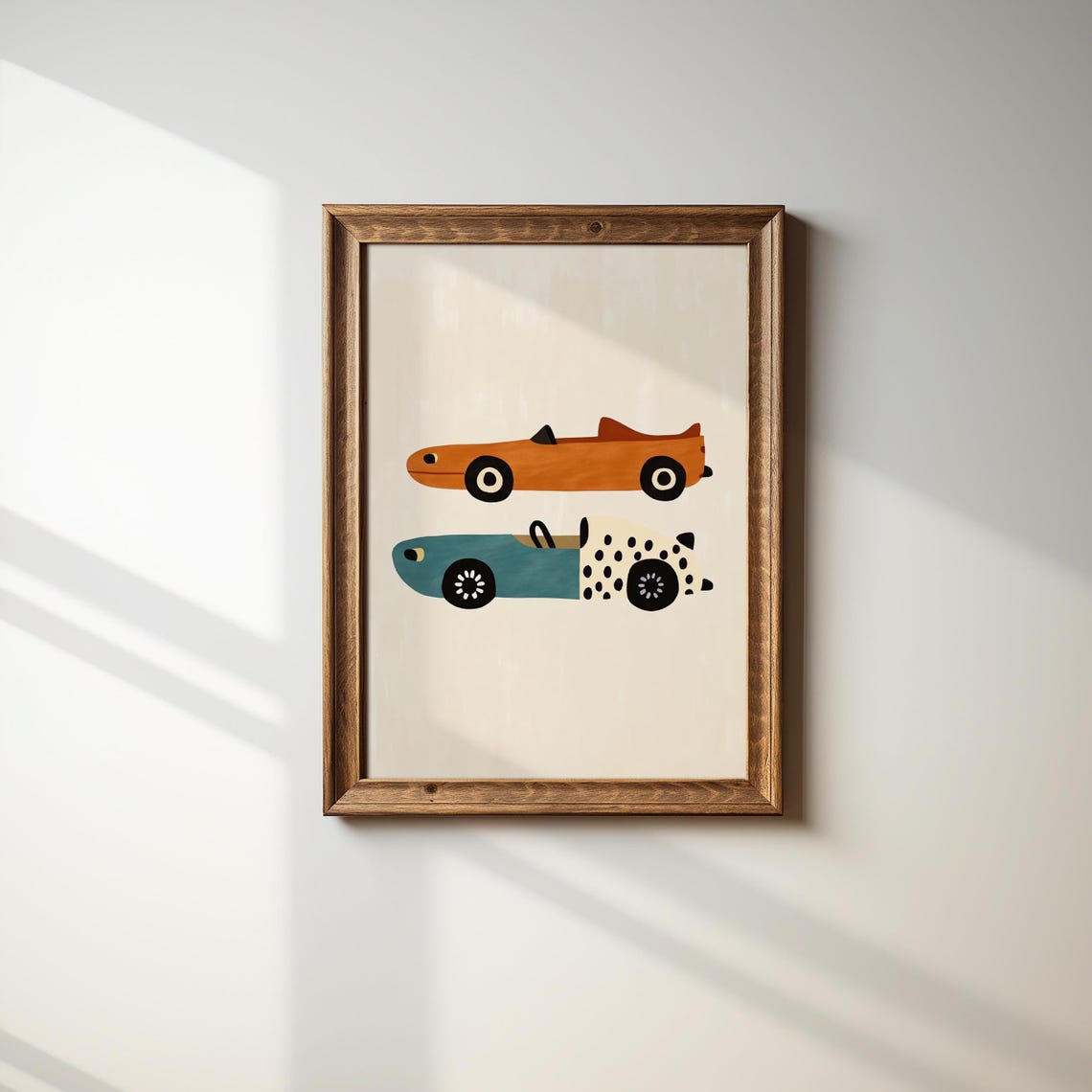 Two Retro Race Cars Orange Teal Vintage Boys Room Nursery Poster - Image 2