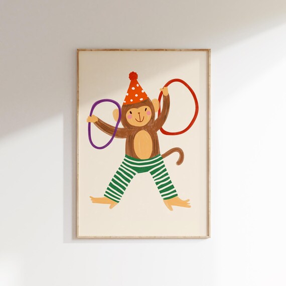 Circus Monkey Red Polka Dot Hat Striped Pants Hoops Kids Room Wall Poster