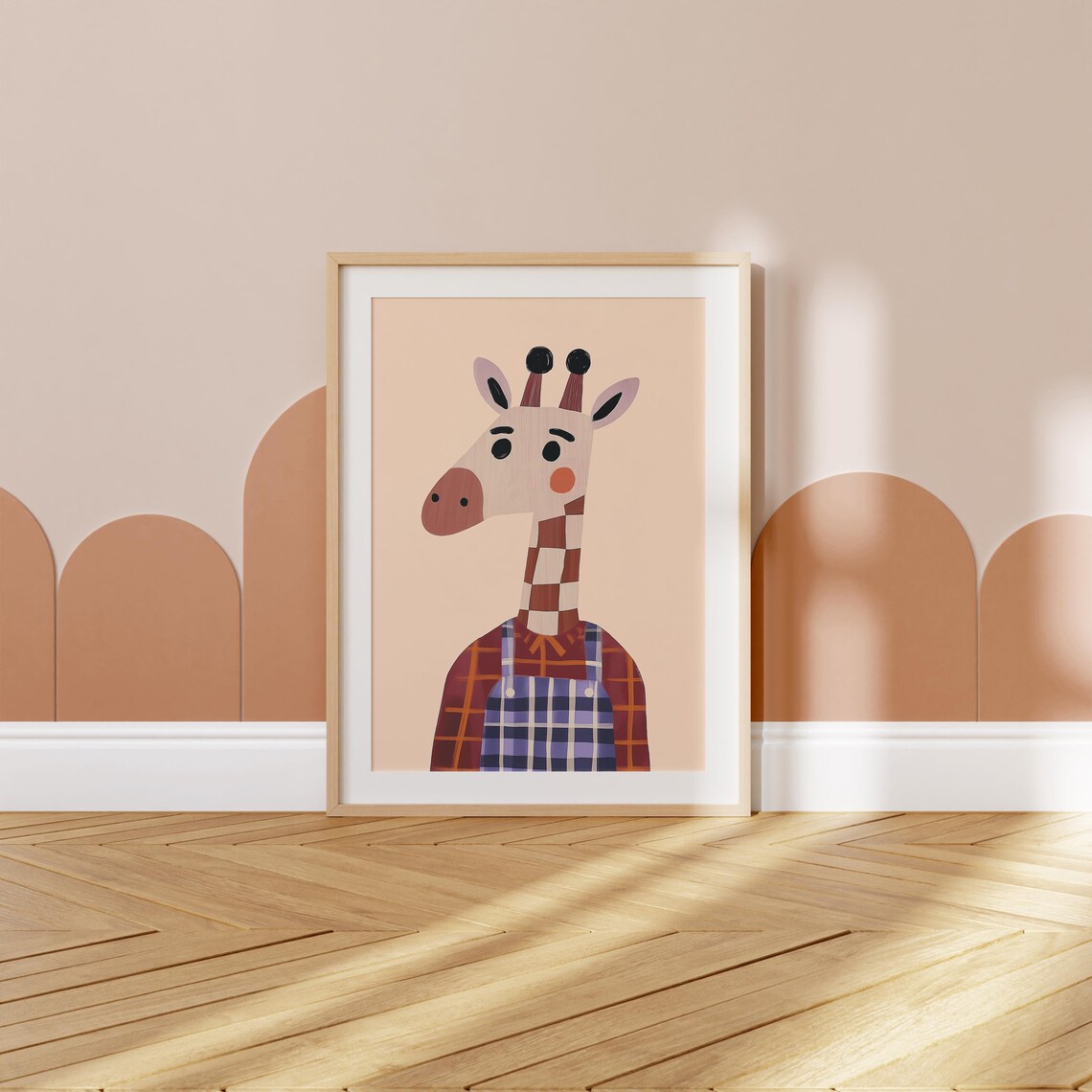 Cute Giraffe Blue Plaid Overalls Rust Shirt Safari Nursery Wall Art Print - Image 5