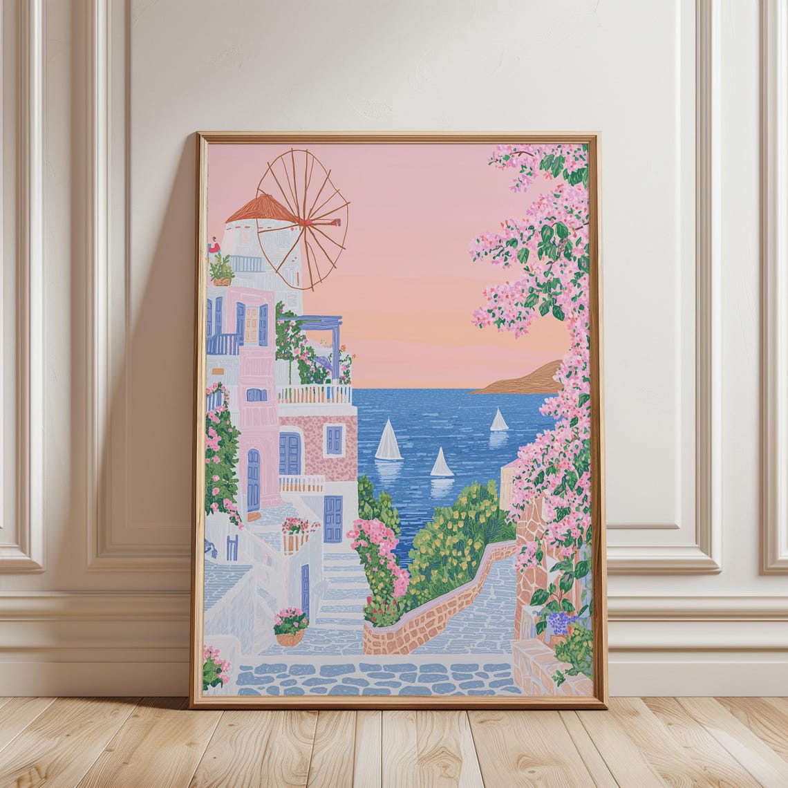 Santorini Greece Windmill Pink Sunset Sailboats Island Poster