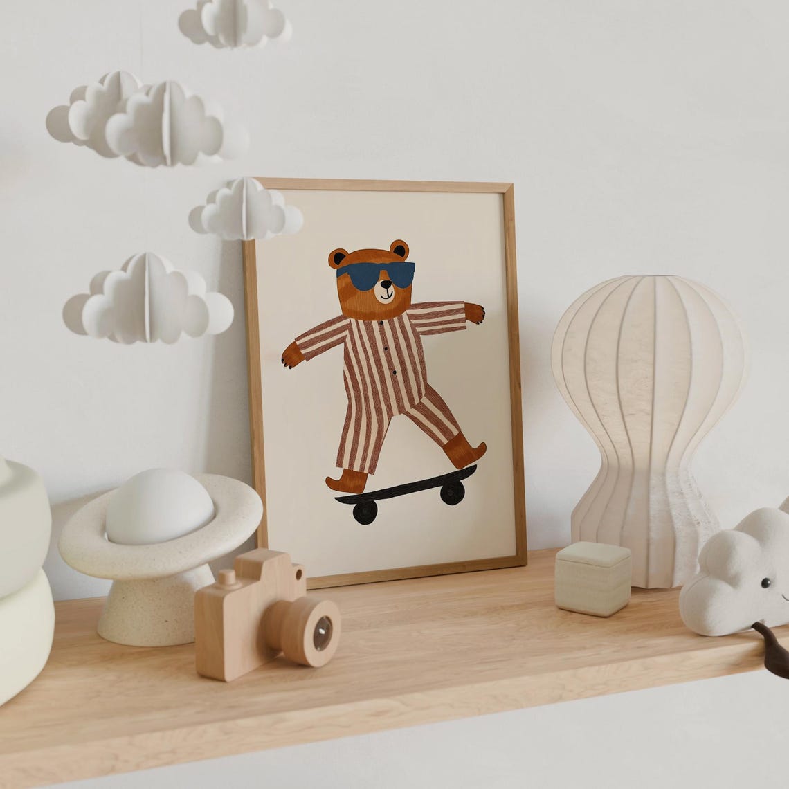 Cool Bear with Sunglasses Riding Skateboard Nursery Wall Art