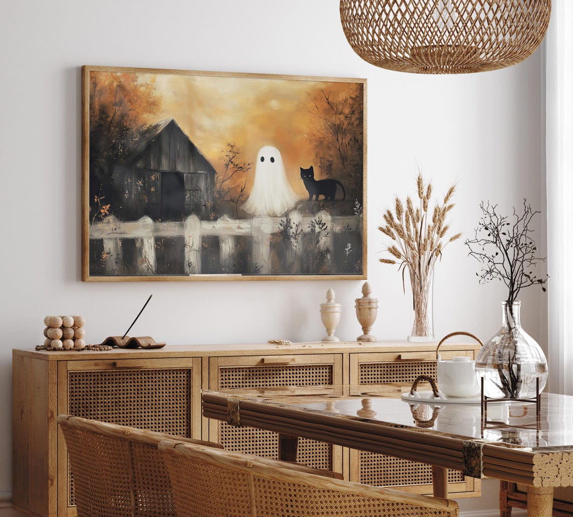 Ghost And Black Cat By Old Barn At Autumn Dusk Halloween Poster - Image 2