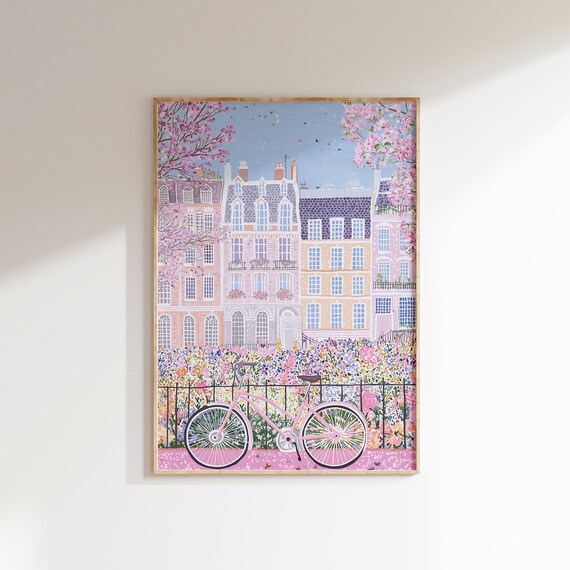 Pink Bicycle on a Paris Street Lined with Blossoms Spring City Art Poster