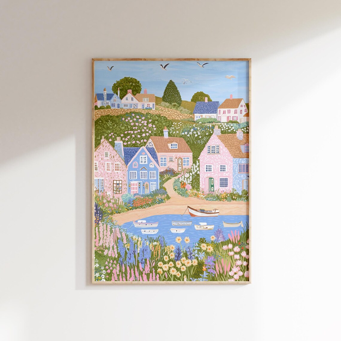 English Seaside Village Pastel Cottages Harbor Boats Spring Poster - Image 2