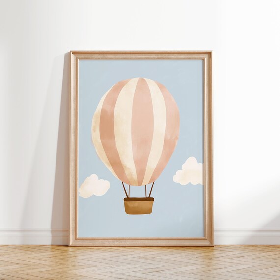 Pastel Watercolor Hot Air Balloon Blue Sky Kids Nursery Wall Art