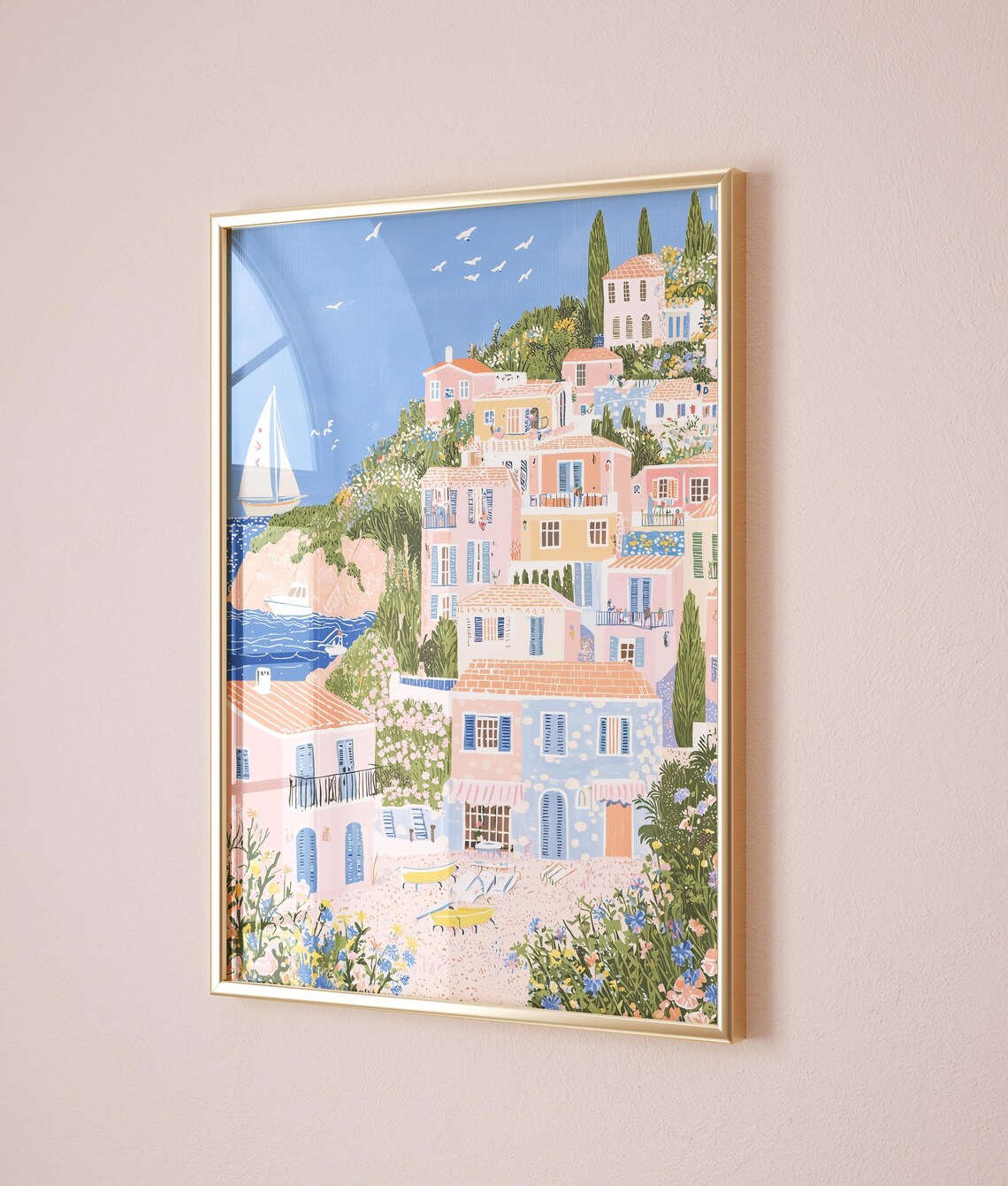 Mediterranean Seaside Village Sailboat Beach Coastal Town Poster - Image 3